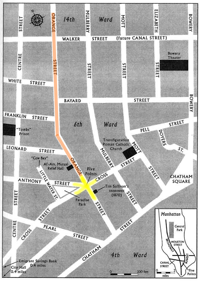 La cartina indica il luogo chiamato Five Points nel cuore di Manhattan. In giallo sono evidenziate le cinque strade che si intersecano. In arancione Orange Street, vecchi nome di Baxter Street dove abitava Michele Pane.