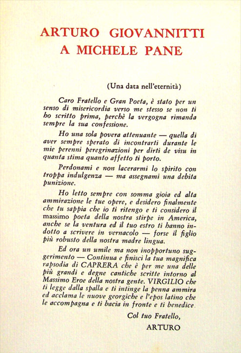 Lettera di Giovannitti a Michele Pane