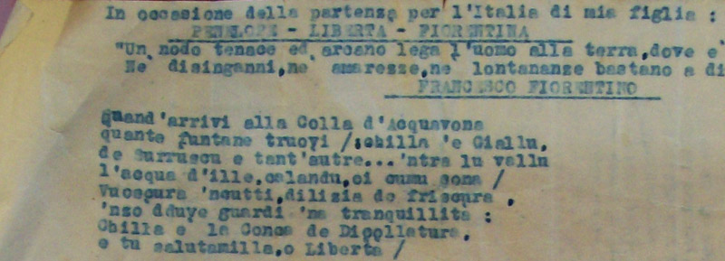 Dattiloscritto originale di "In occasione della partenza per l'Italia di mia figlia Penelope -Libertà - Fiorentina" di M. Pane