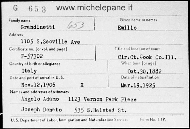 Certificato di naturalizzazione americana di Emilio Grandinetti 