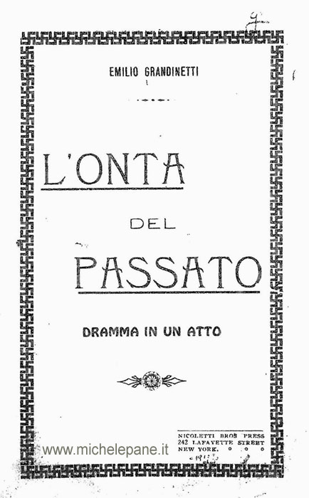 Copertina di "Onta del passato", dramma in un atto di Emilio Grandinetti